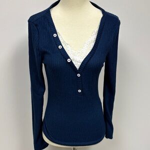 Brand New Navy Blue Ribbed Button-Up Sweater